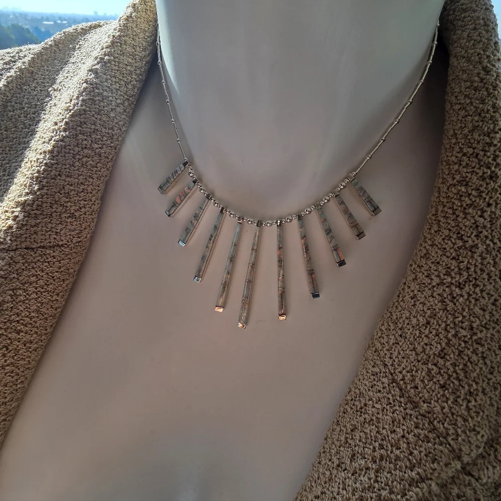 🆕️Chic STERLING Silver BAR Necklace with OPAL Inlay Details - Picture 12 of 14